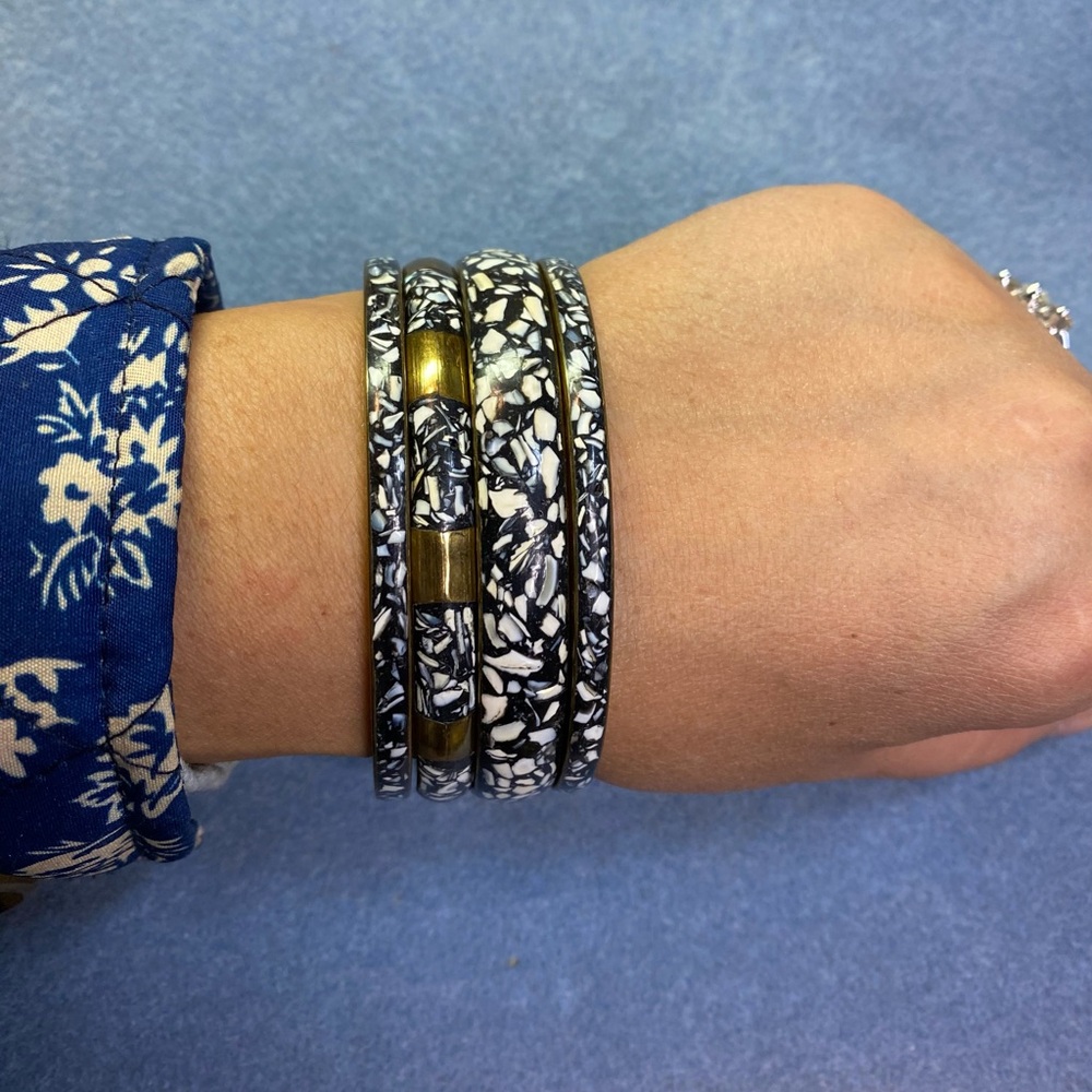 Abstract mosaic design brass framed Bangle Set 4x